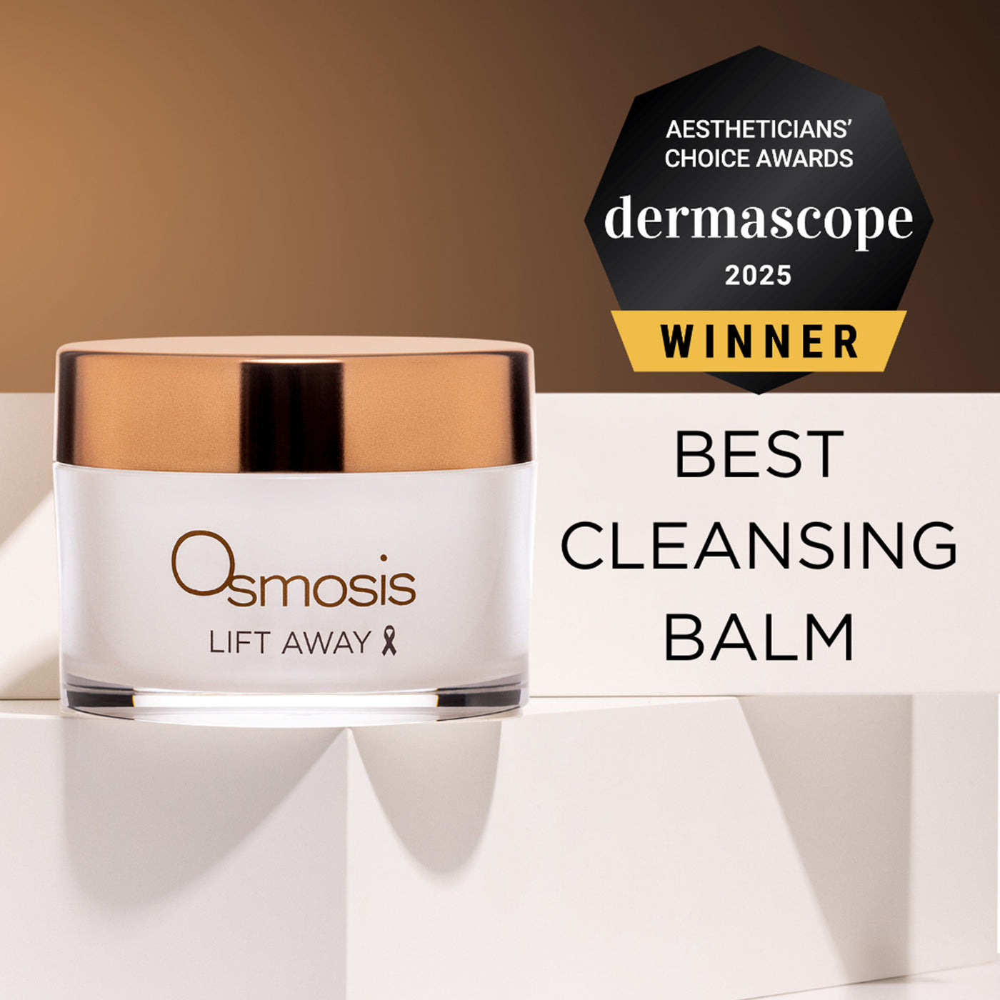 Osmosis Lift Away cleansing balm with Dermascope 2025 Best Cleansing Balm award on a beige background