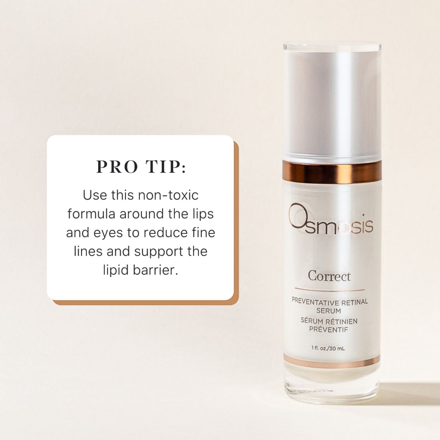 Osmosis skincare serum bottle with usage tip on a light background