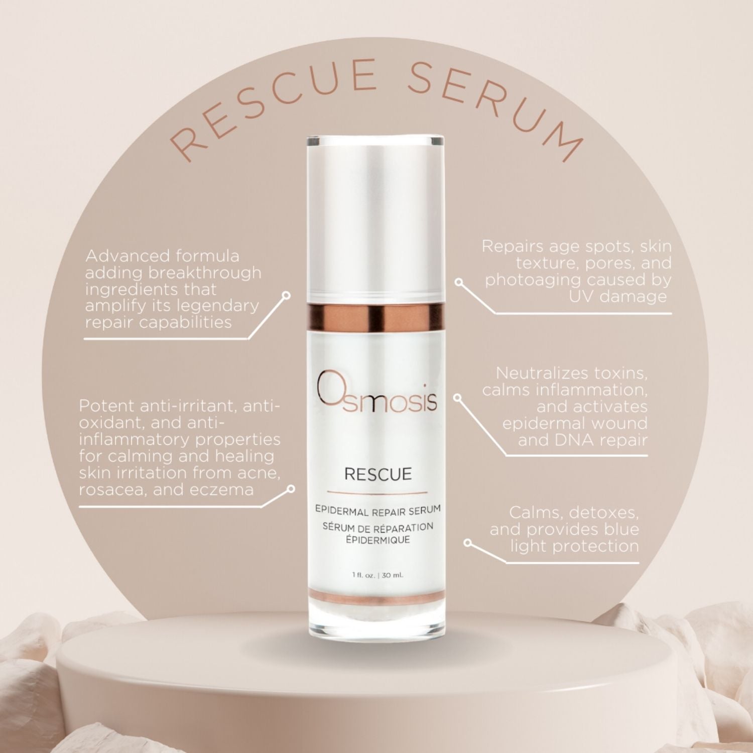Osmosis Rescue Serum bottle with product details on a beige background