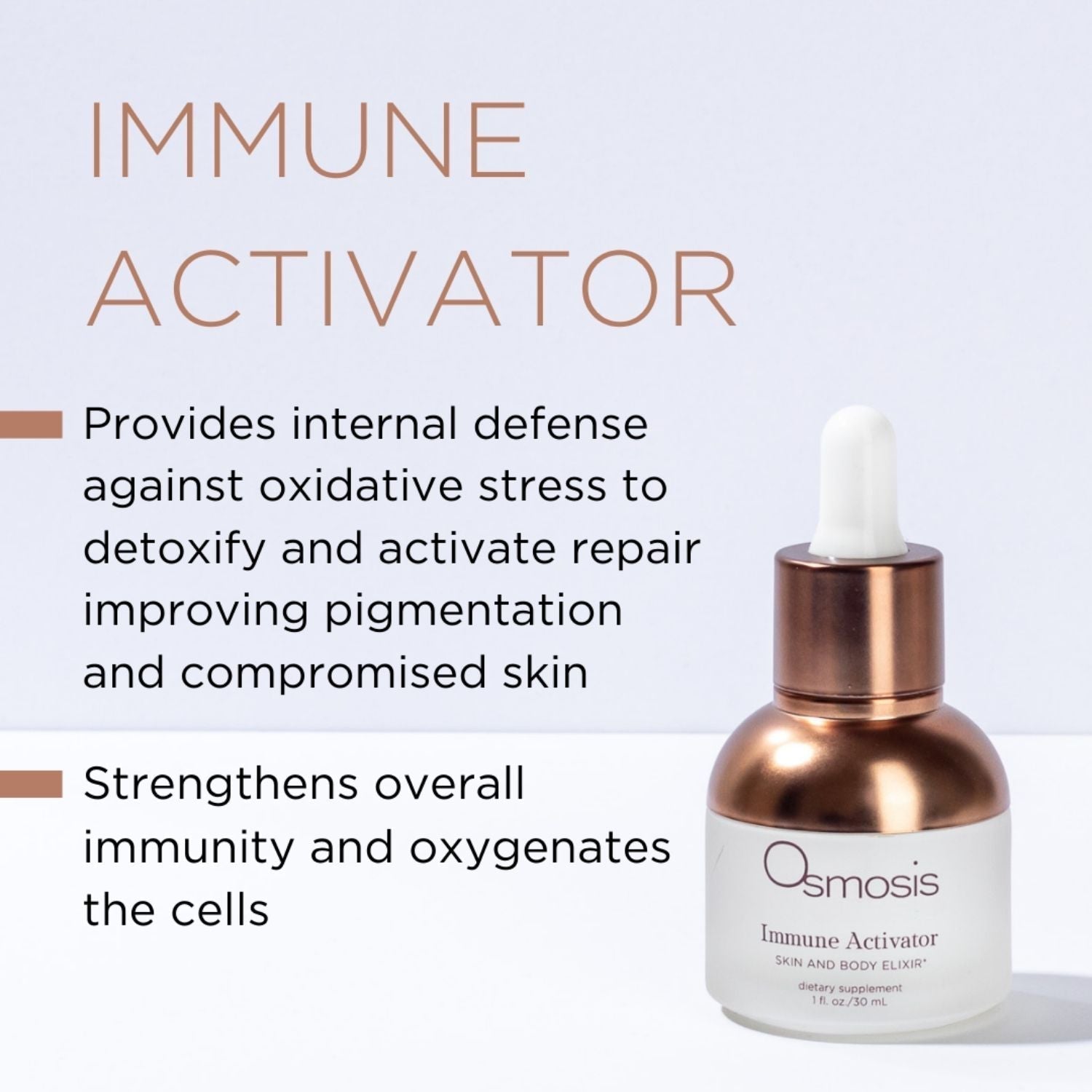 Osmosis Immune Activator bottle with text about its benefits on a light background