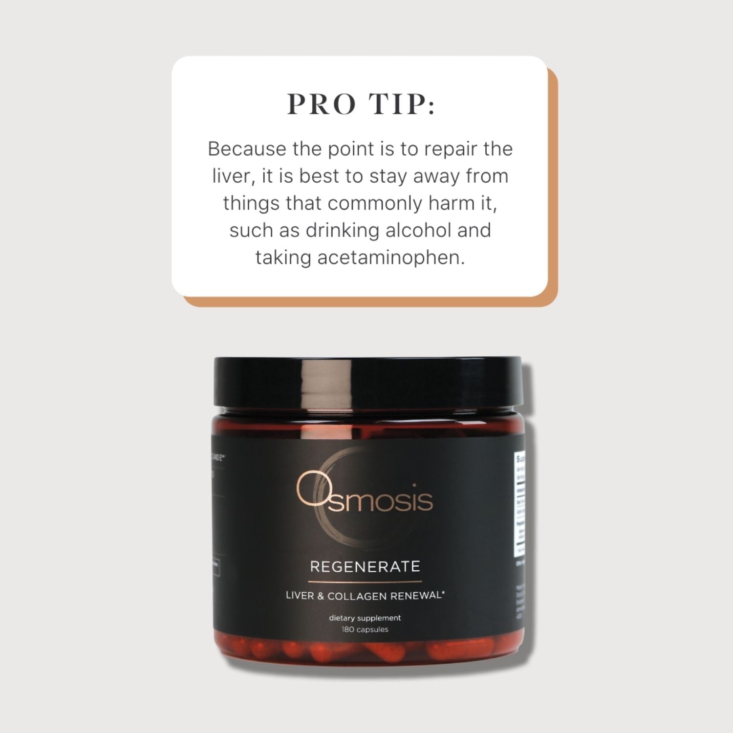 Osmosis Regenerate supplement jar with a text box providing a pro tip on liver health.