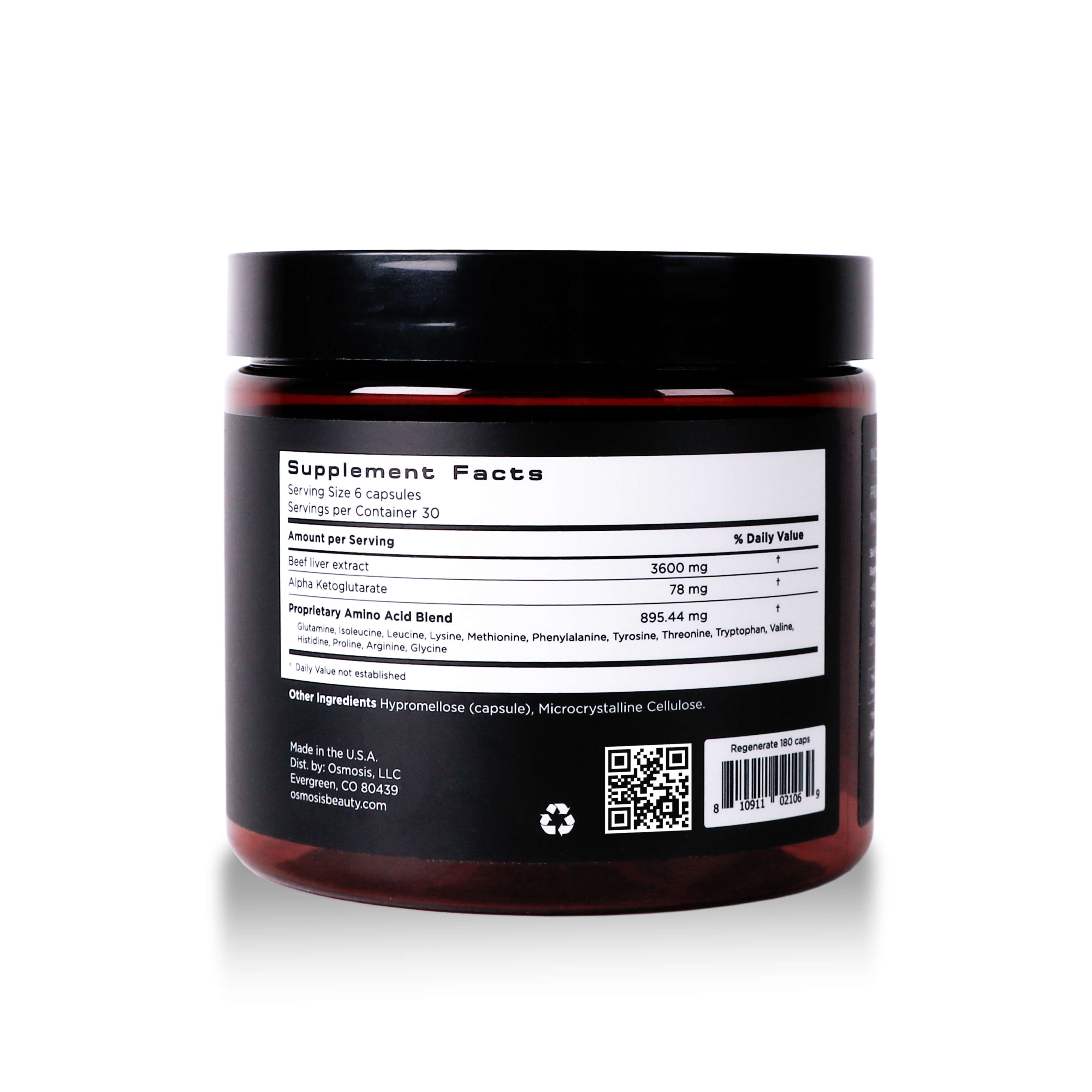 Supplement facts label on Regenerate supplement jar on white background