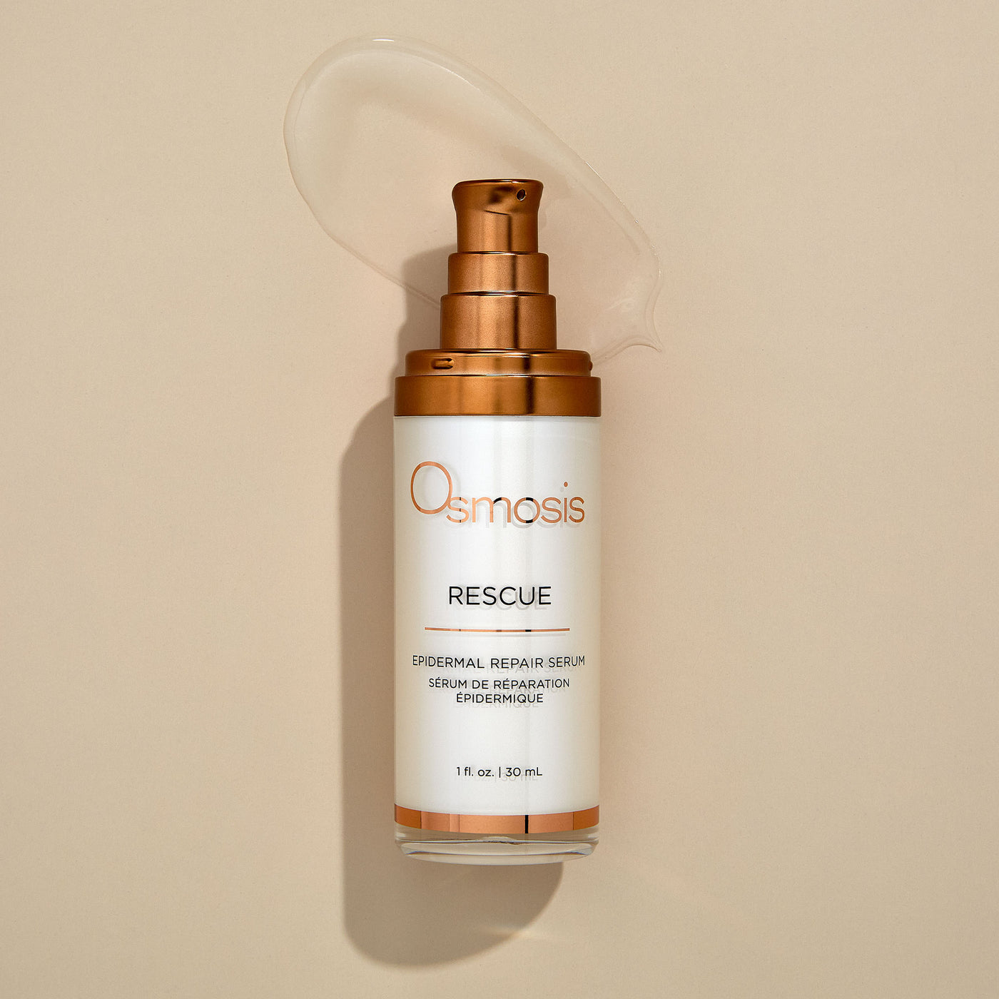 Osmosis Rescue epidermal repair serum bottle on a beige background