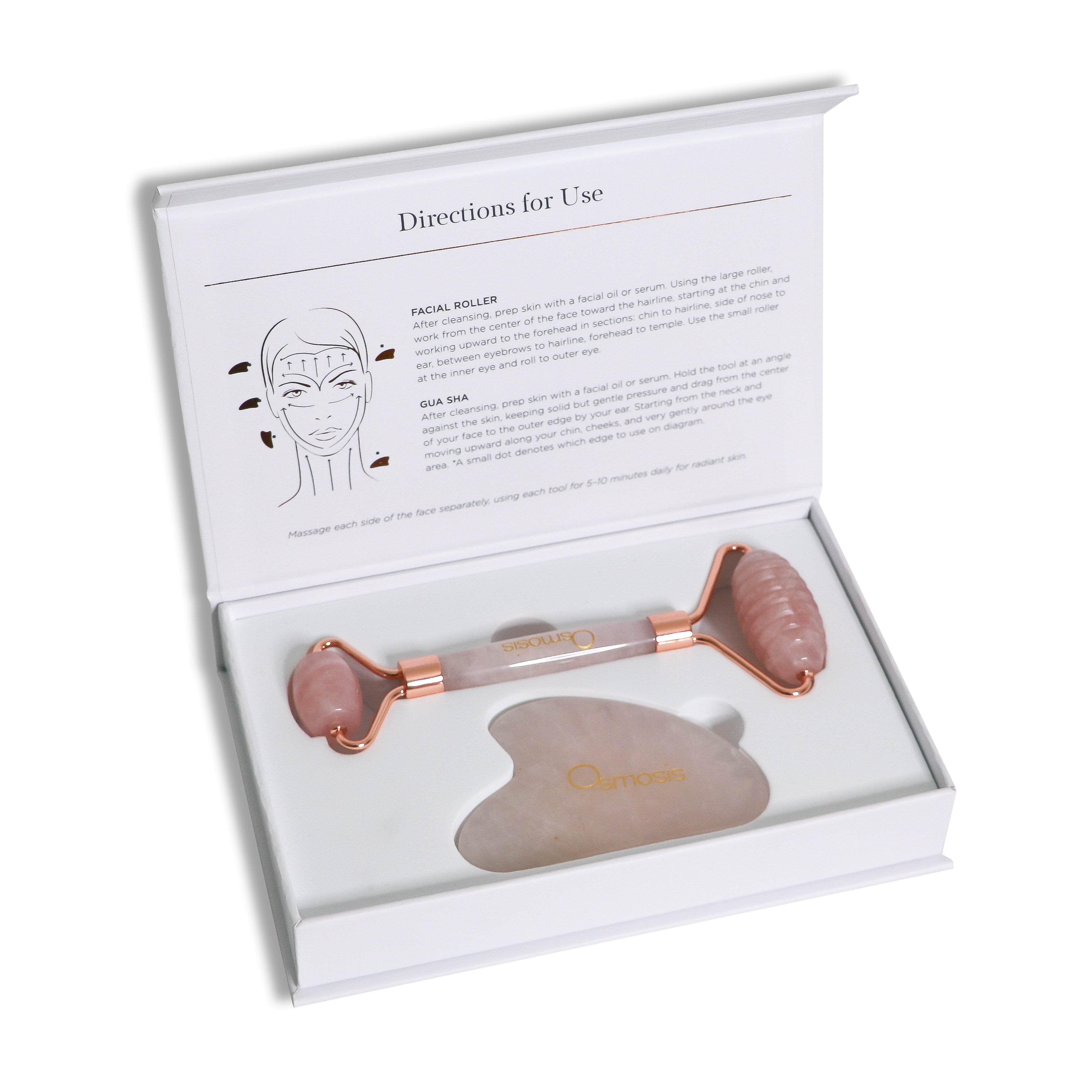 Rose Quartz Facial Roller in open product box on a white background