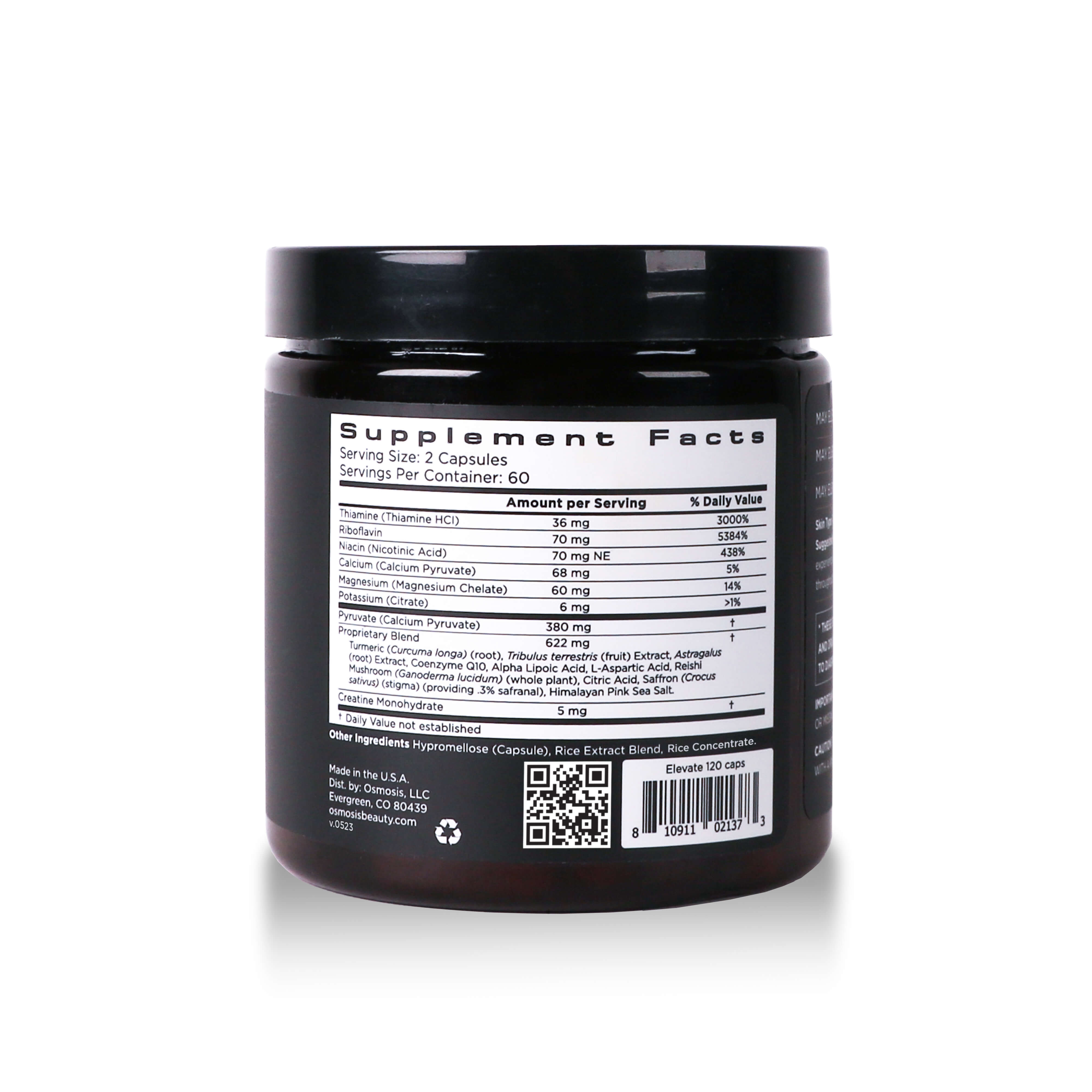 Back view of supplement facts on Elevate Supplement container on a white background