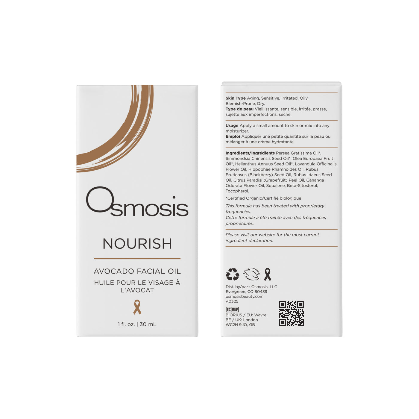 Osmosis Nourish Avocado Facial Oil packaging with branding and product details.