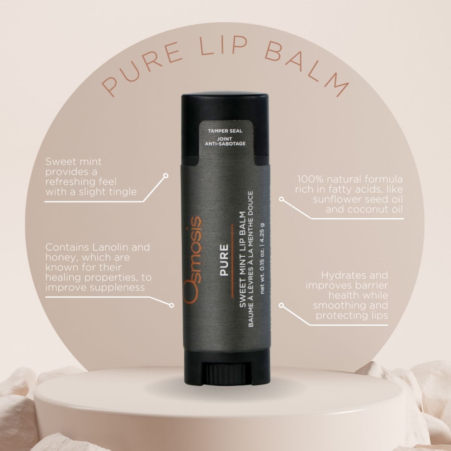 Pure lip balm container with product details on a beige background