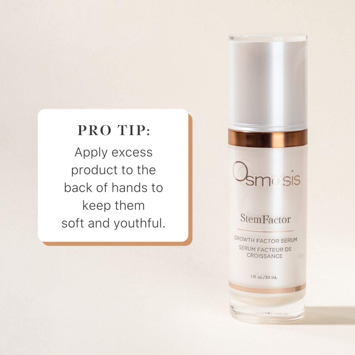 Osmosis StemFactor serum bottle with a pro tip on a beige background