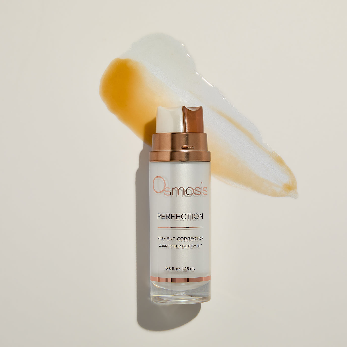Osmosis Perfection Pigment Corrector bottle with pump and product smear on a beige background