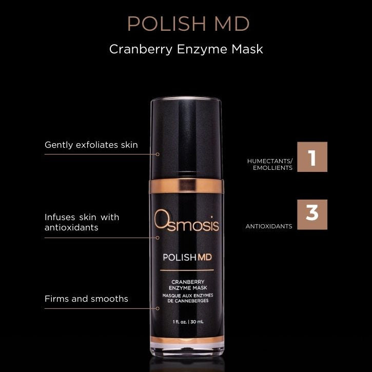 Osmosis Polish MD Cranberry Enzyme Mask bottle on a black background with product features listed.