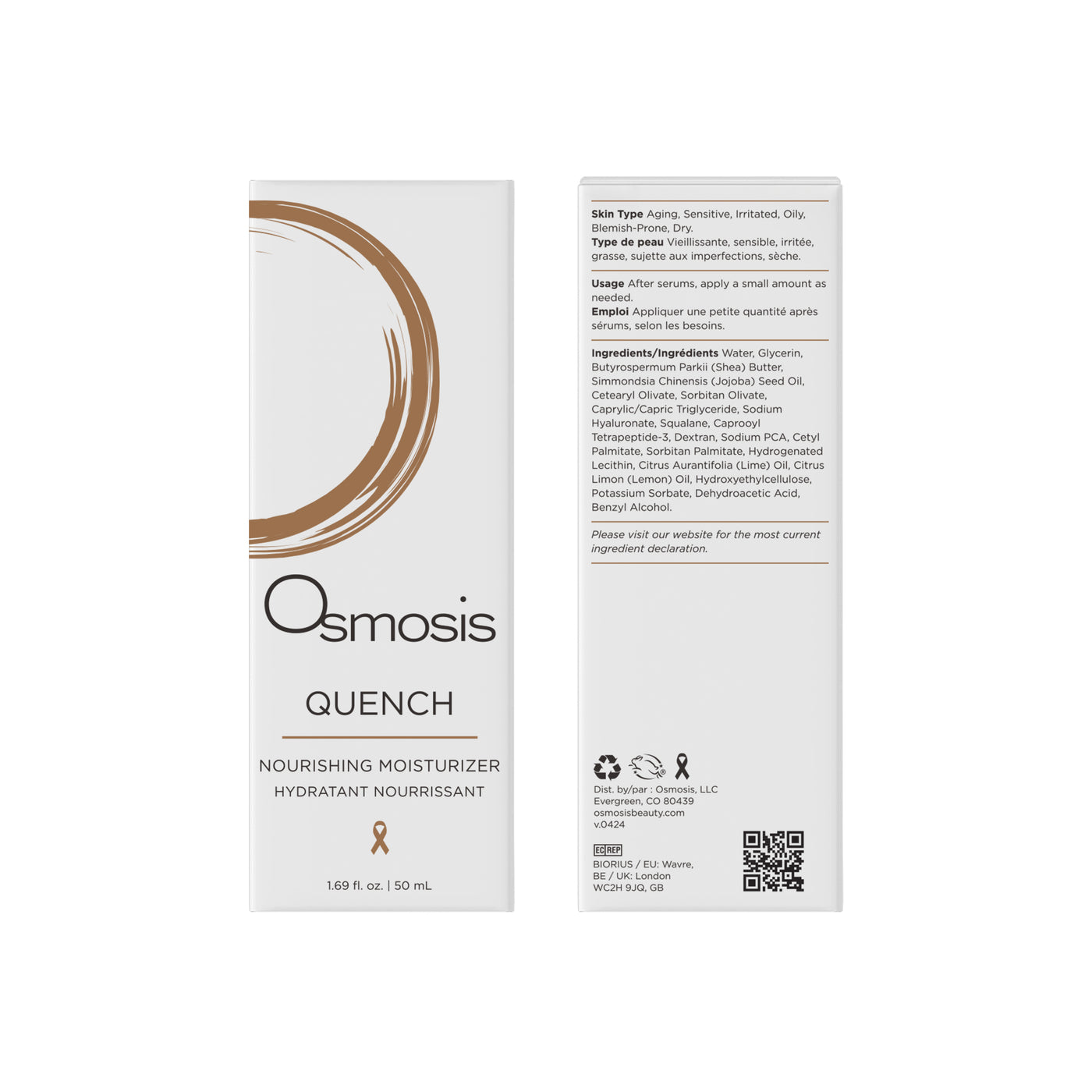Osmosis Quench nourishing moisturizer packaging with branding and product details.