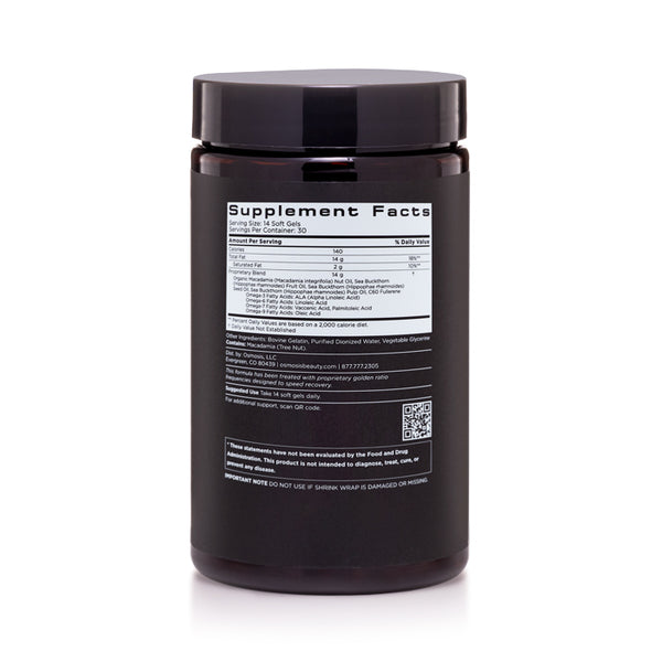 Osmosis Recovery gel caps supplement facts label on a white background