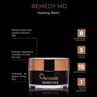 Osmosis Remedy MD Healing Balm packaging with product details on a black background.