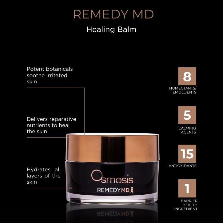 Osmosis Remedy MD Healing Balm packaging with product details on a black background.