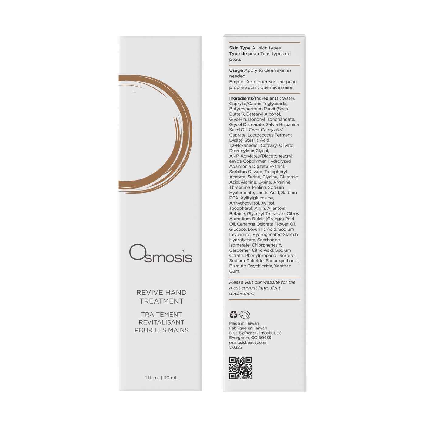 Osmosis Revive Hand Treatment packaging with ingredients list on a white background
