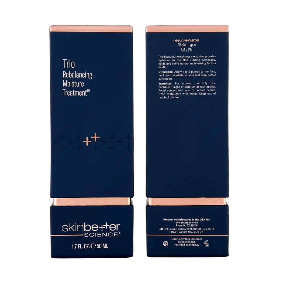 Two blue skincare bottles with rose gold accents and text on a white background