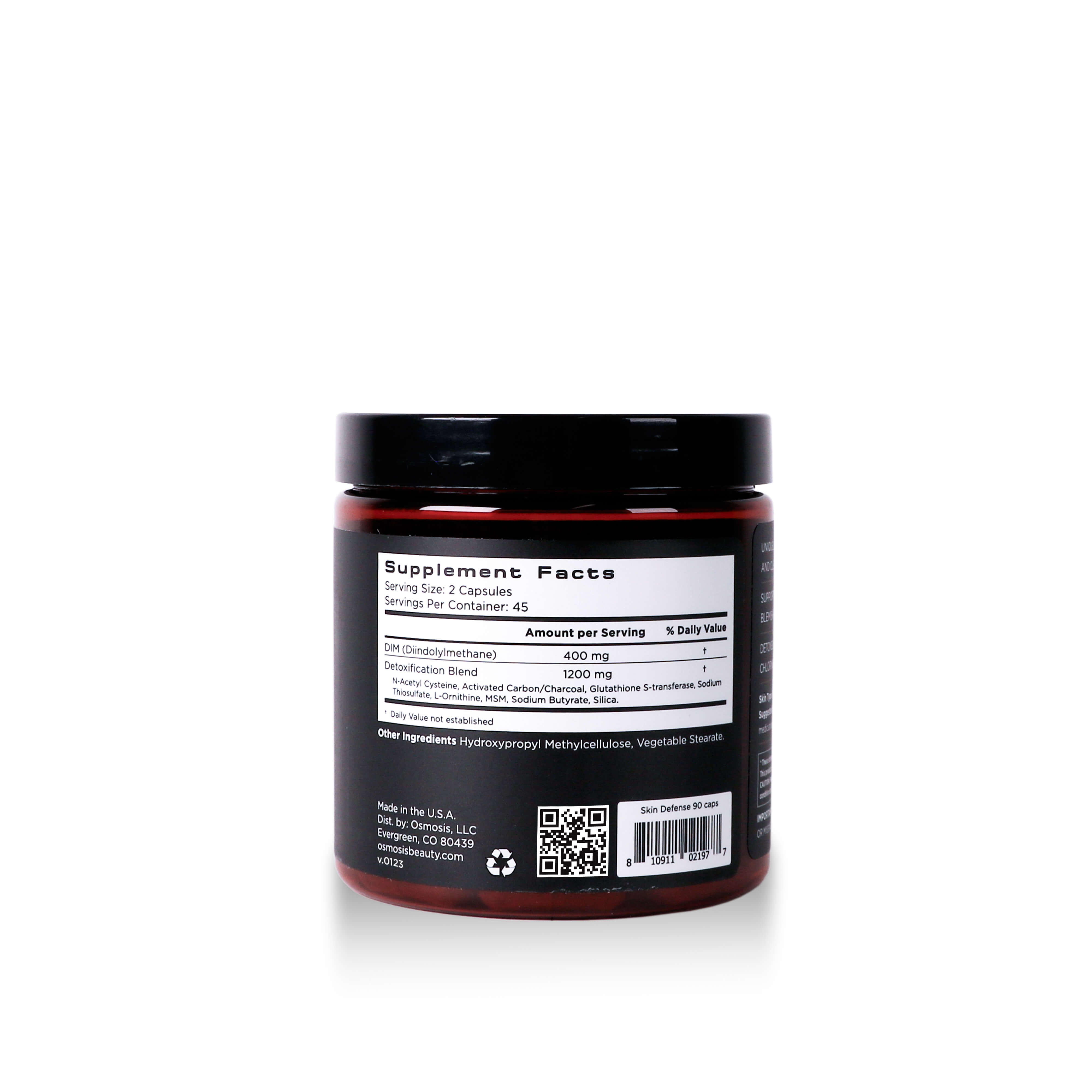 Supplement facts label Skin Defense Supplement container on white background