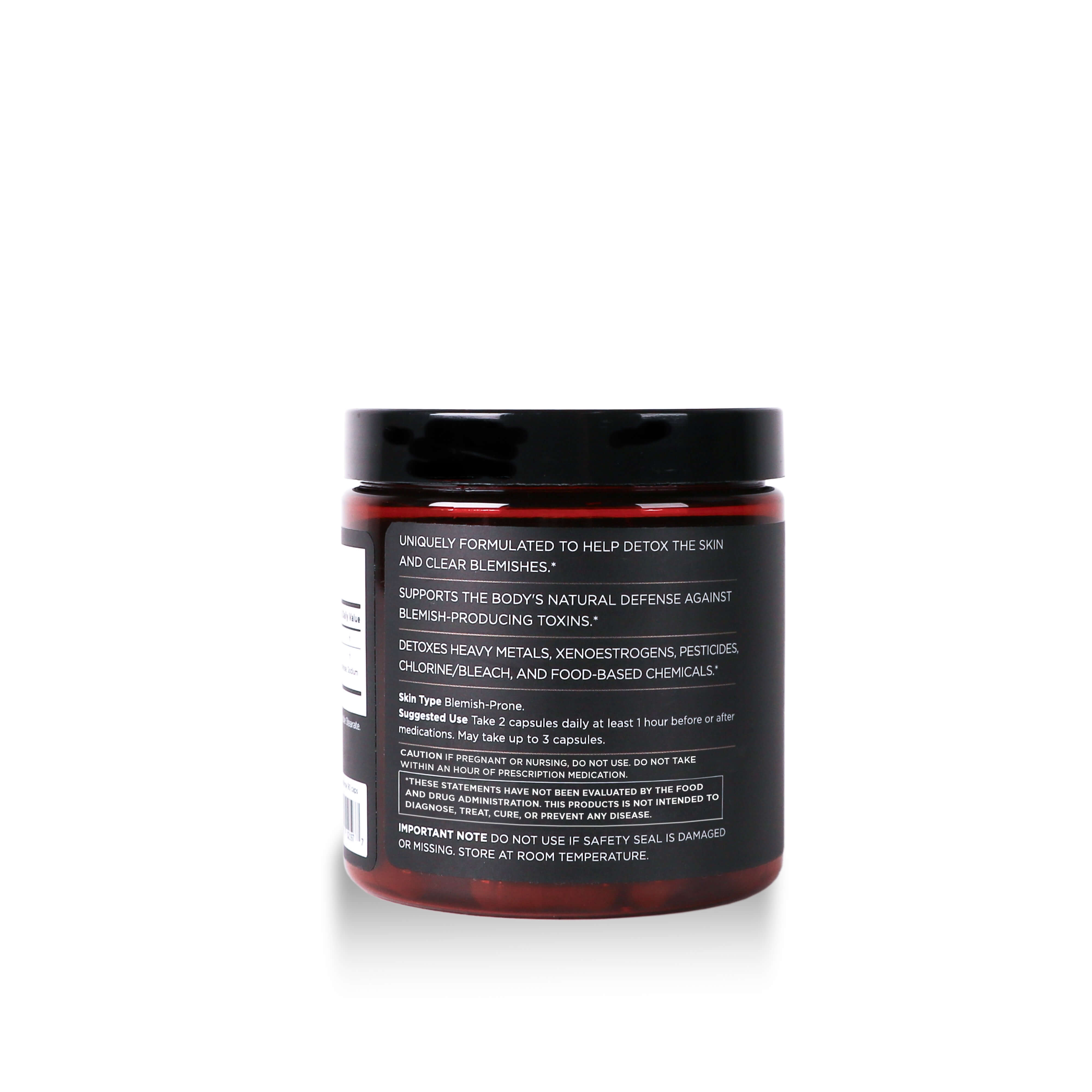 Back label of Skin Defense supplement container on a white background