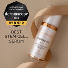 Crymoss StemFactor serum bottle with Dermascope 2024 Aestheticians' Choice Award badge on a beige background