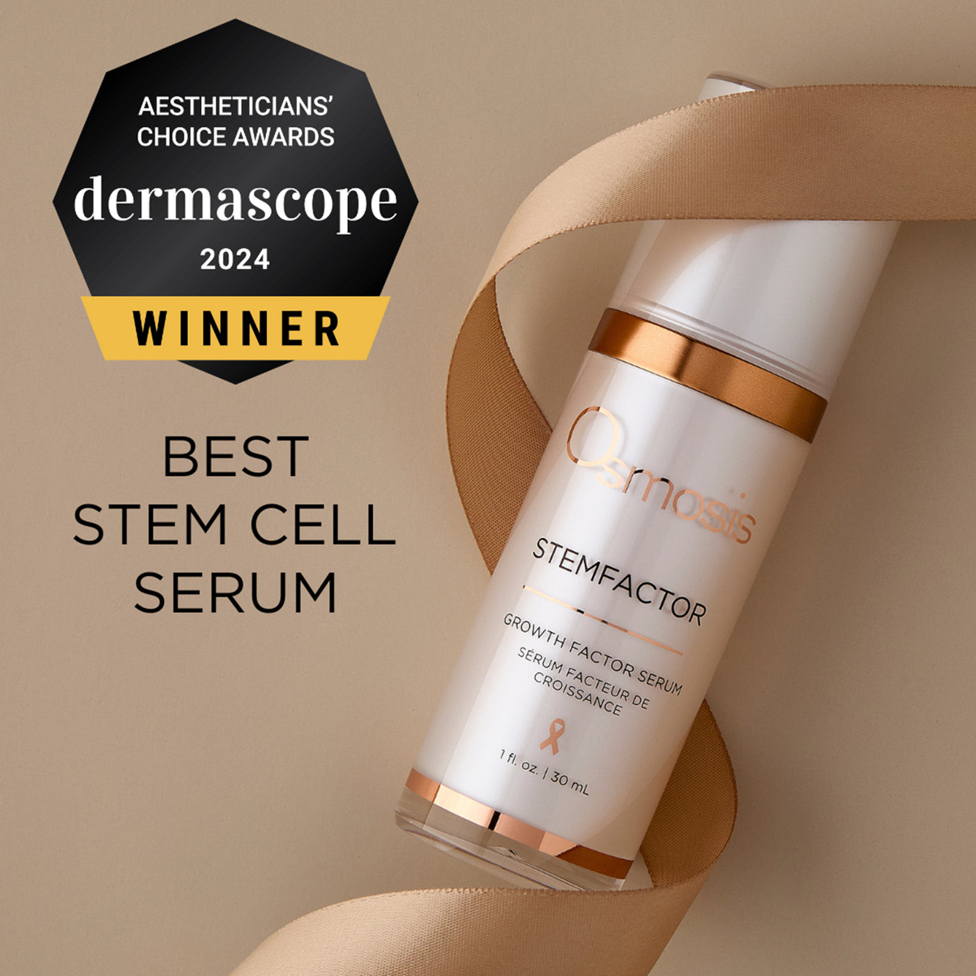 Crymoss StemFactor serum bottle with Dermascope 2024 Aestheticians' Choice Award badge on a beige background