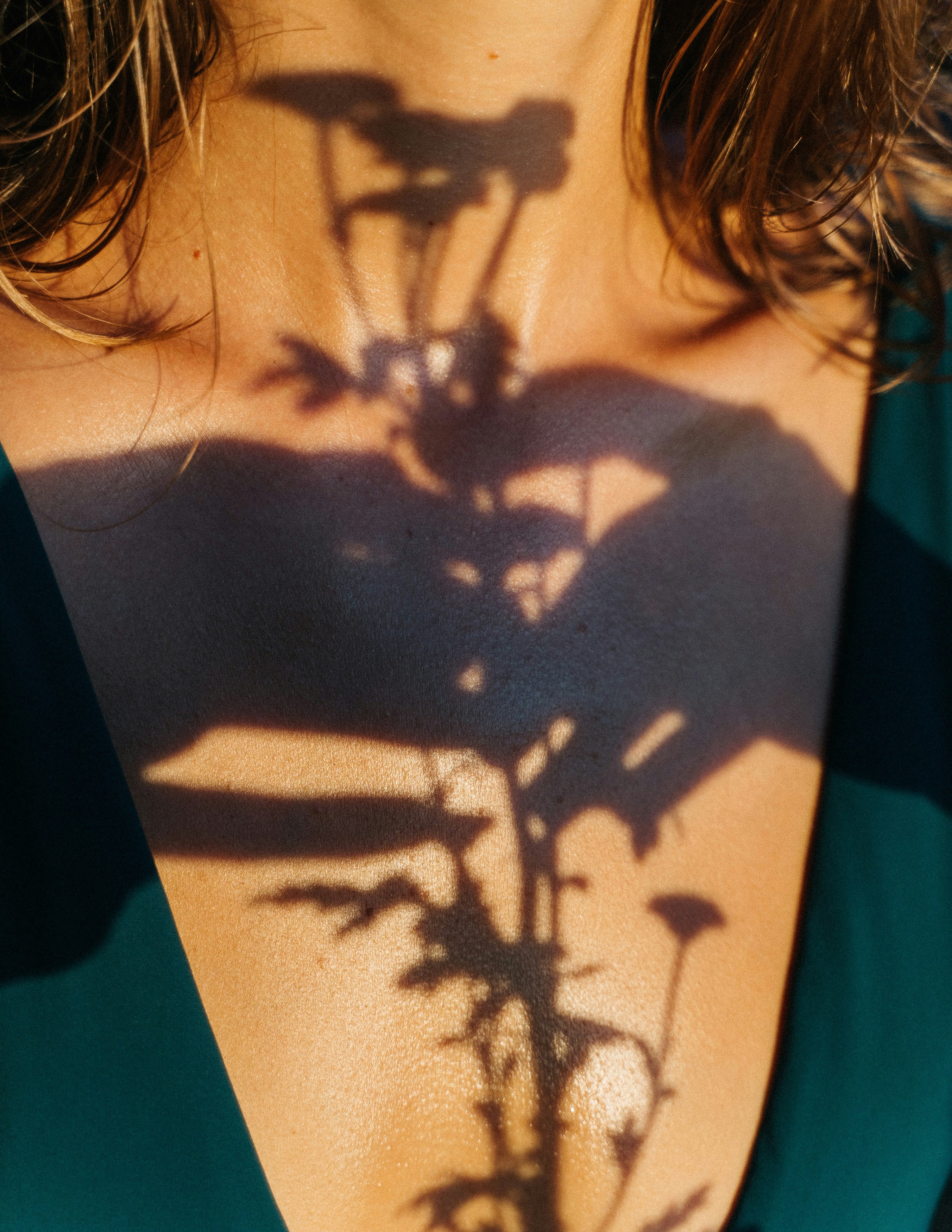 Shadow of a plant on a person's chest with a blurred background